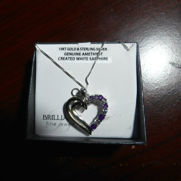 10 K Gold & Sterling Genuine Amethyst & Created White Sapphire Heart Pendant - Picture 1 of 3